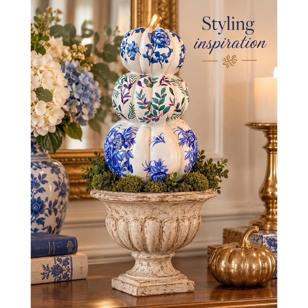 Chinoiserie Pumpkin Topiary Blue White Botanical Fall Decor Handmade 14"